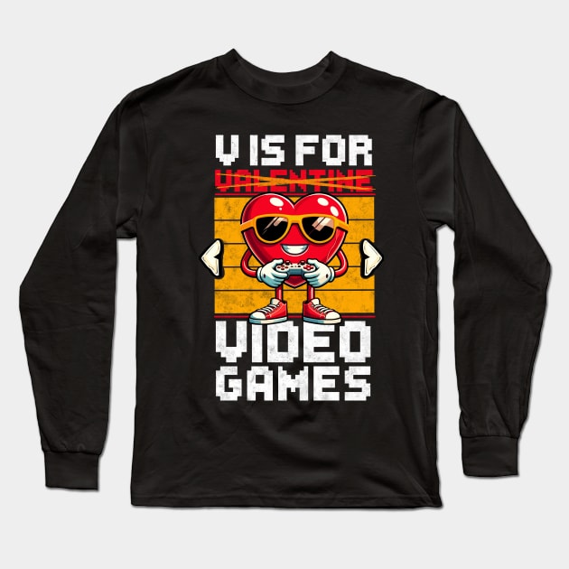 V Is For Video Game Gamer Valentine's Day Long Sleeve T-Shirt by Rebrand